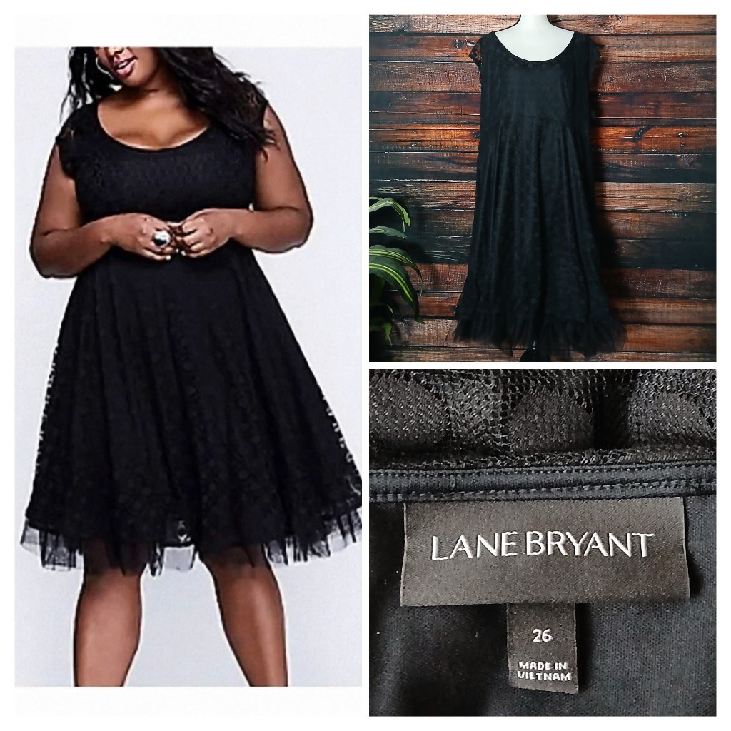 Lane Bryant Dress Plus Size 26 Black Lace Cap Sleeve Tulle Underskirt Low Back